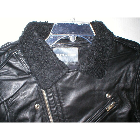 New NWT Mens Designer Slate & Stone Leather Shearling Moto Jacket XL Black Silve - Picture 2 of 7